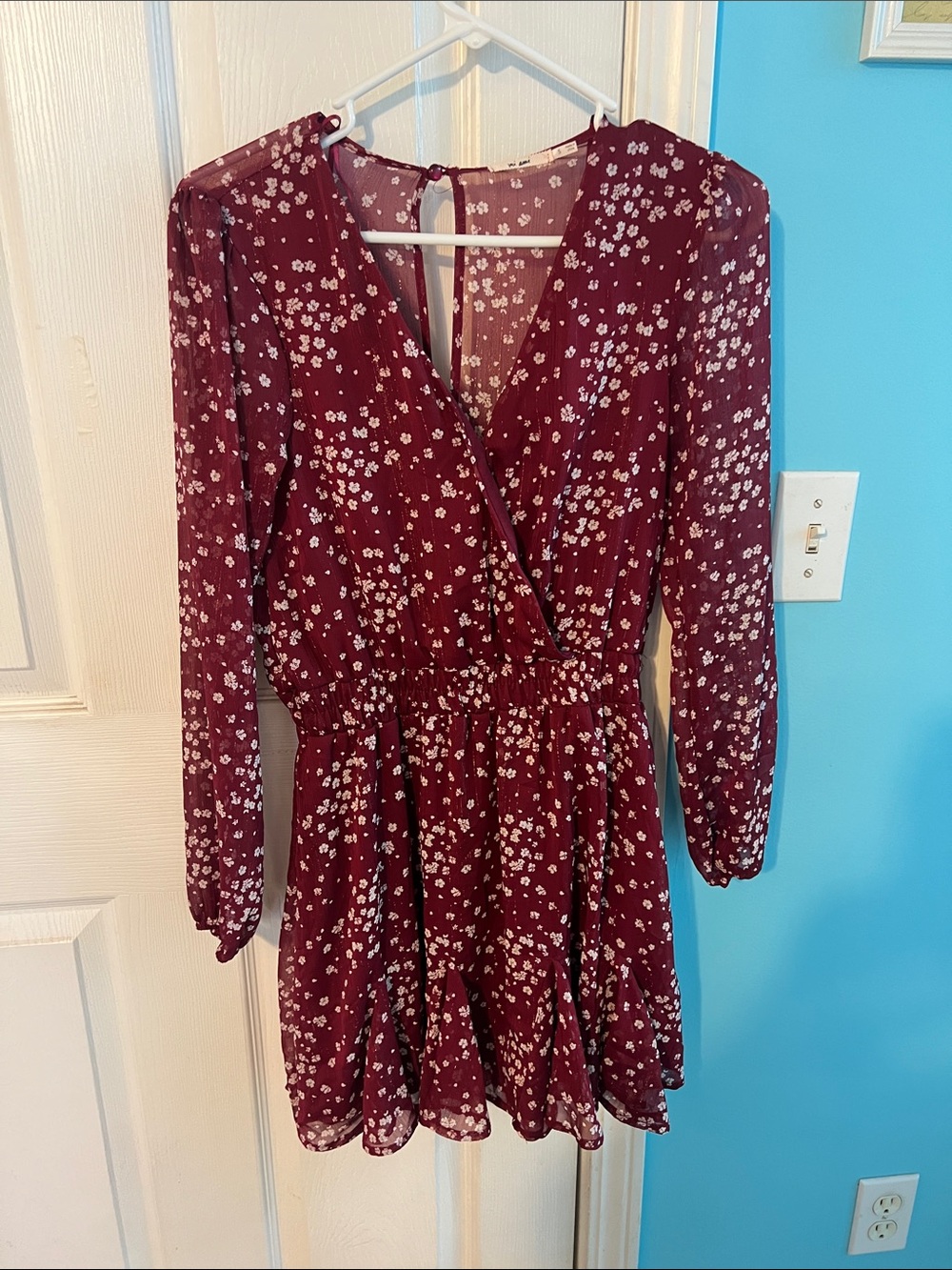 Floral Wrap Long-Sleeve Mini Dress in Burgundy